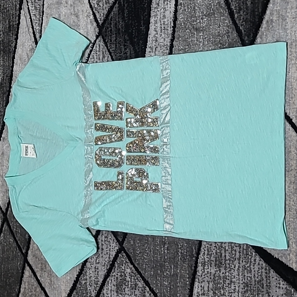 VS PINK 2016 SHINE BLING SILVER SEQUINS LOGO V-NECK TEE-SHIRT